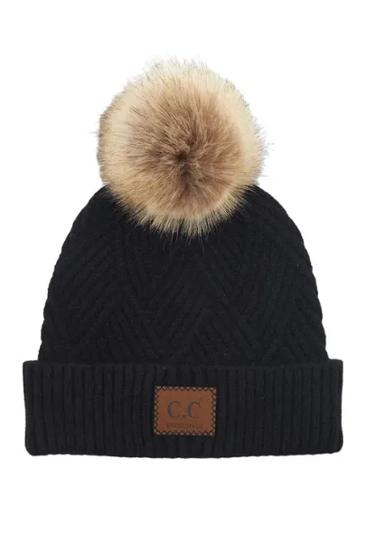 CC Suede Patch Pom Pom Beanie