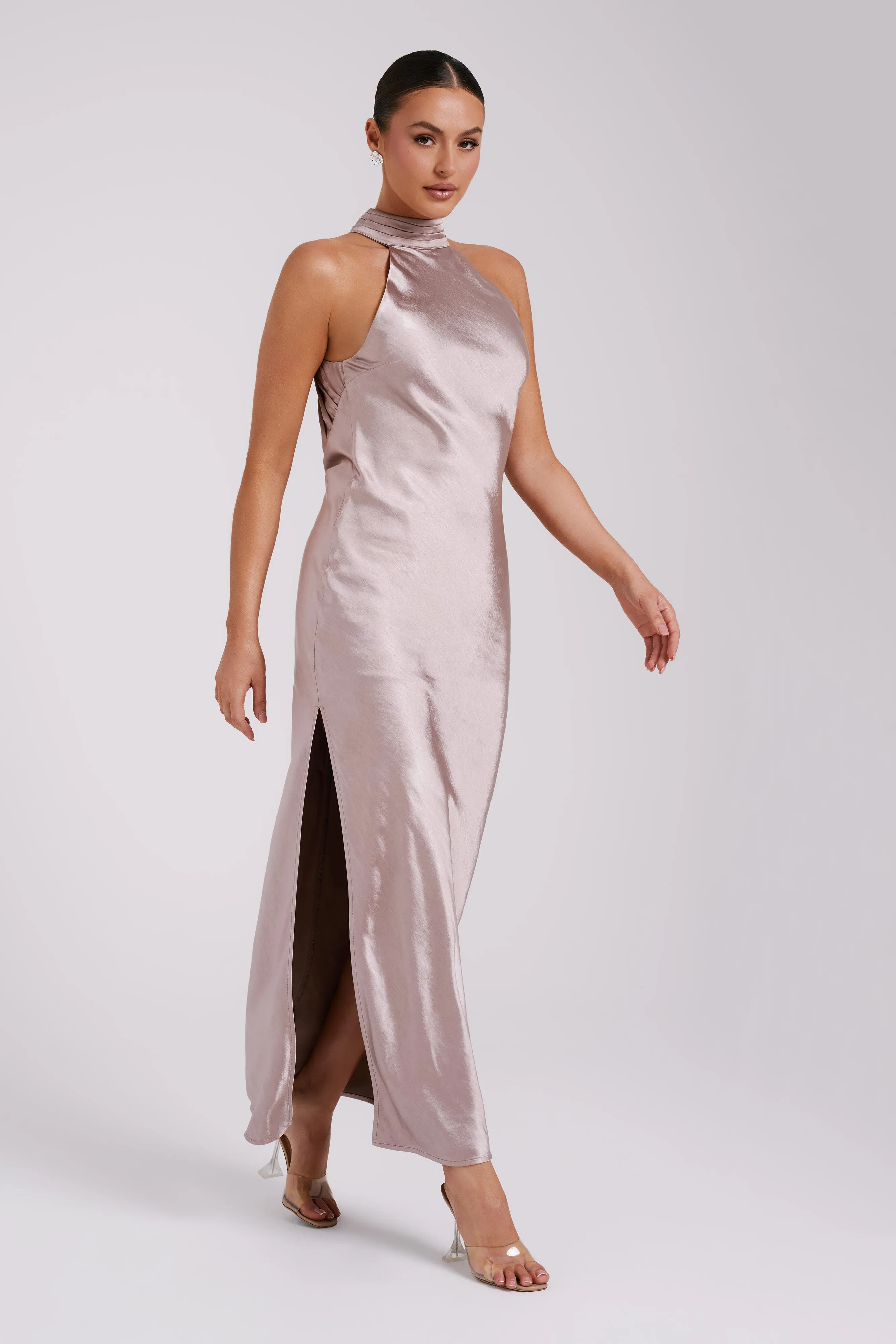 Claire Satin Drape Back Maxi Dress - Taupe