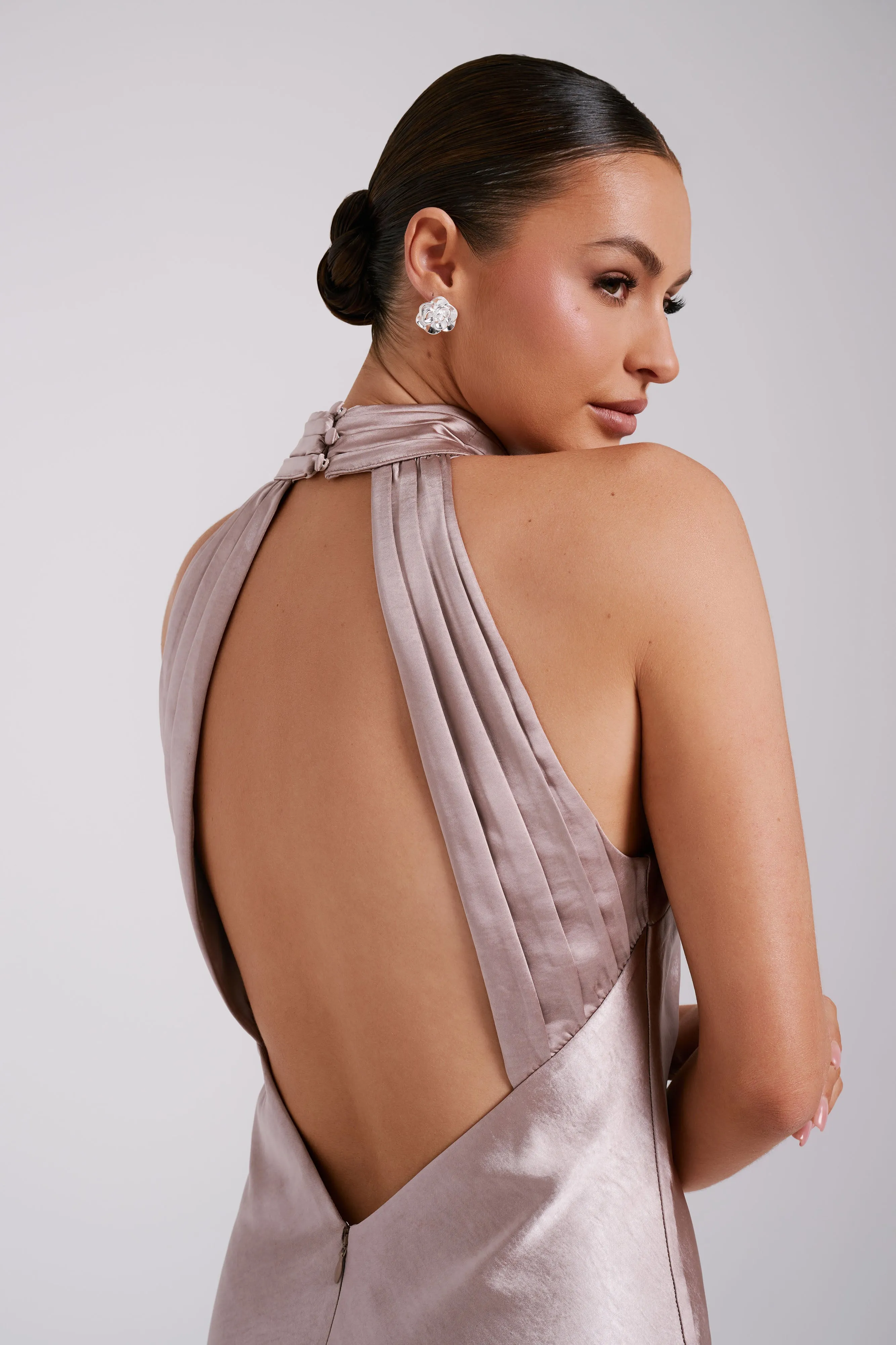 Claire Satin Drape Back Maxi Dress - Taupe