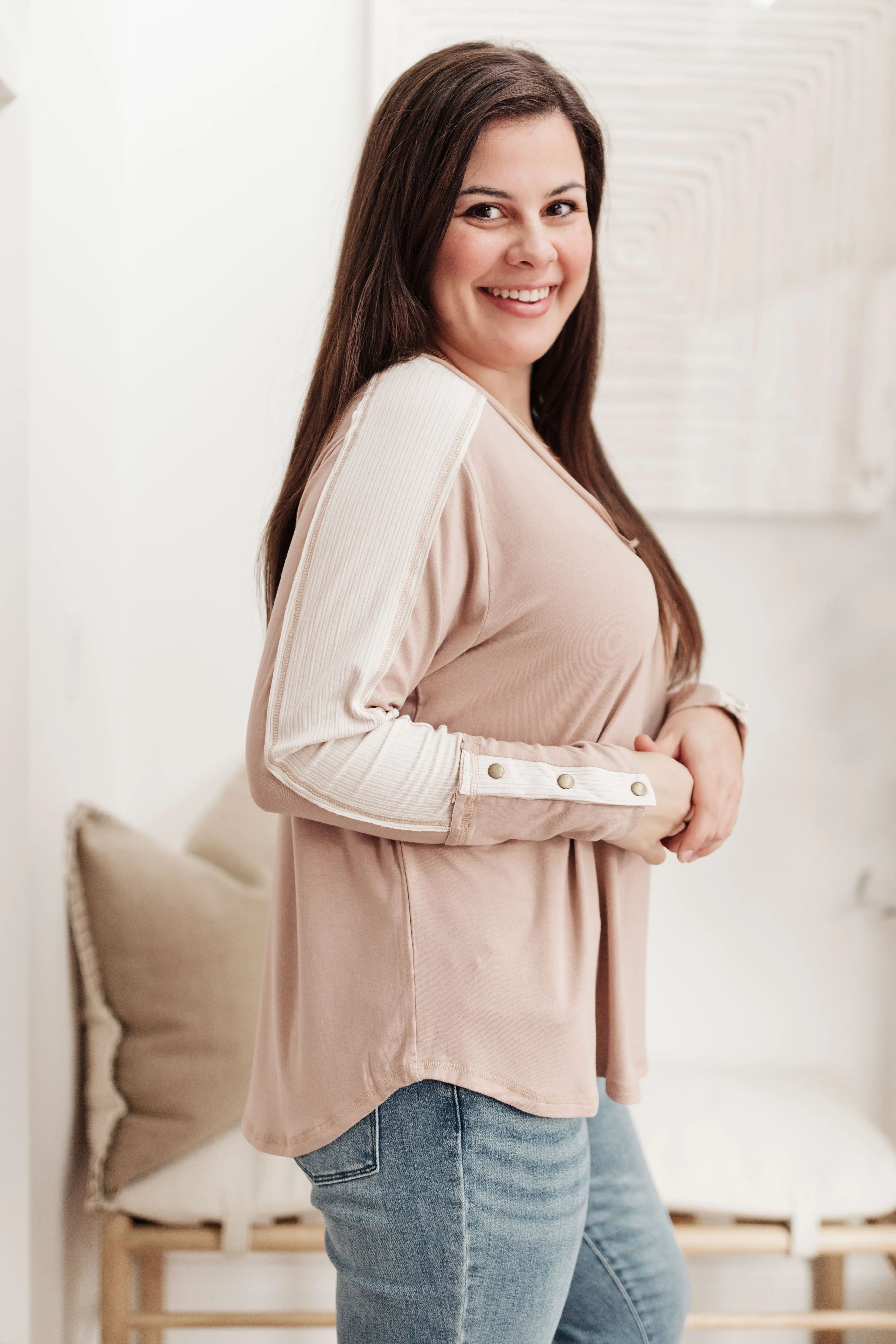 Coffee Date V Neck Top In Taupe