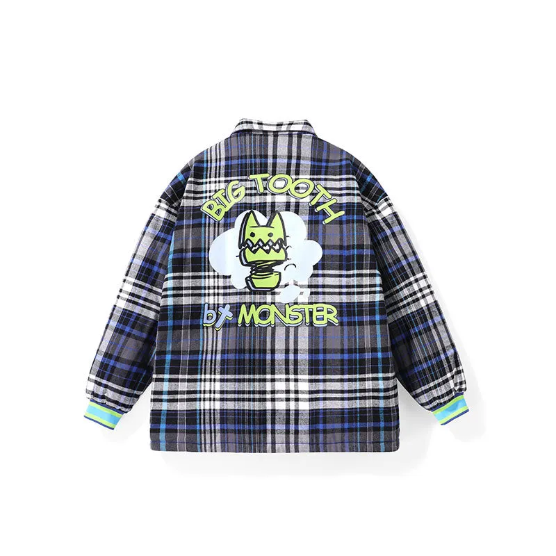 Color contrast patchwork cartoon graffiti plaid print lapel drop sleeve padded jacket