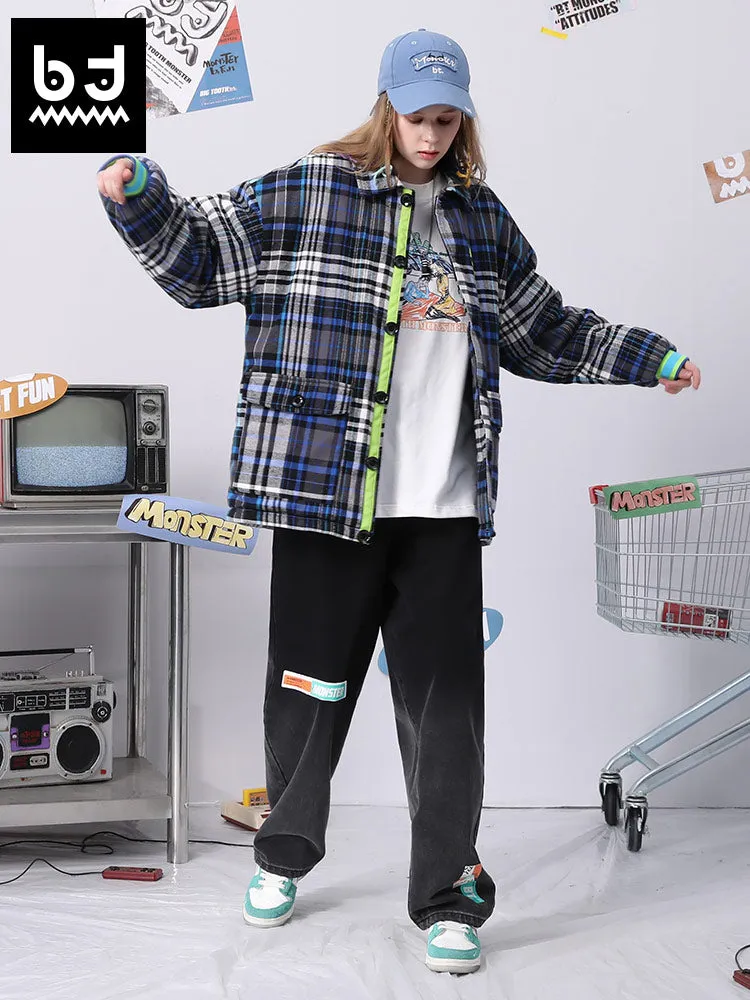 Color contrast patchwork cartoon graffiti plaid print lapel drop sleeve padded jacket