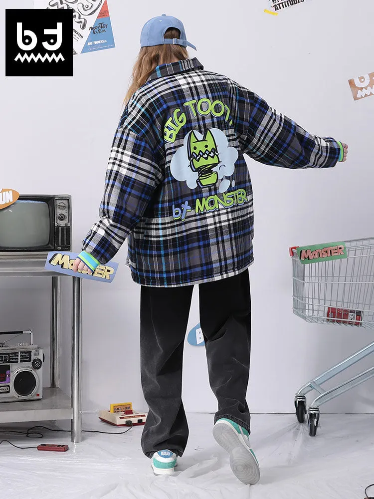 Color contrast patchwork cartoon graffiti plaid print lapel drop sleeve padded jacket