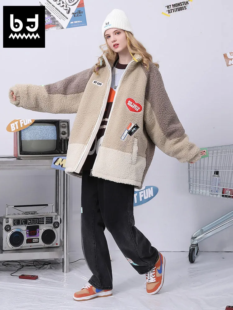 Color contrast patchwork graffiti embroidered applique with stand-up collar drop shoulder sleeve pellet fleece jacket