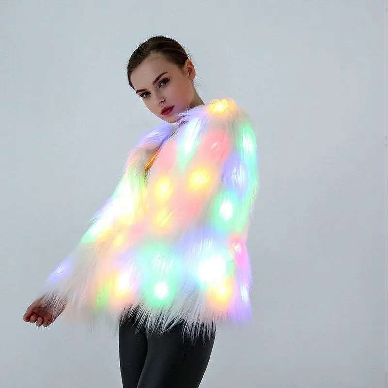 Colorful LED Faux Fur Coat for Winter Raves