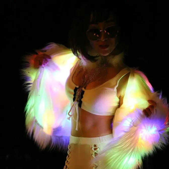 Colorful LED Faux Fur Coat for Winter Raves