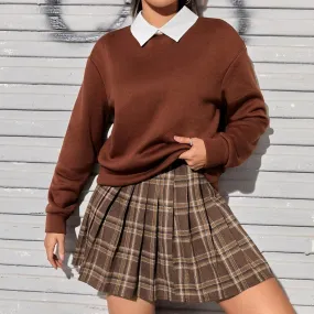 Contrast Collar Drop Shoulder 2 In 1 Pullover and Plaid Pleated Skirt