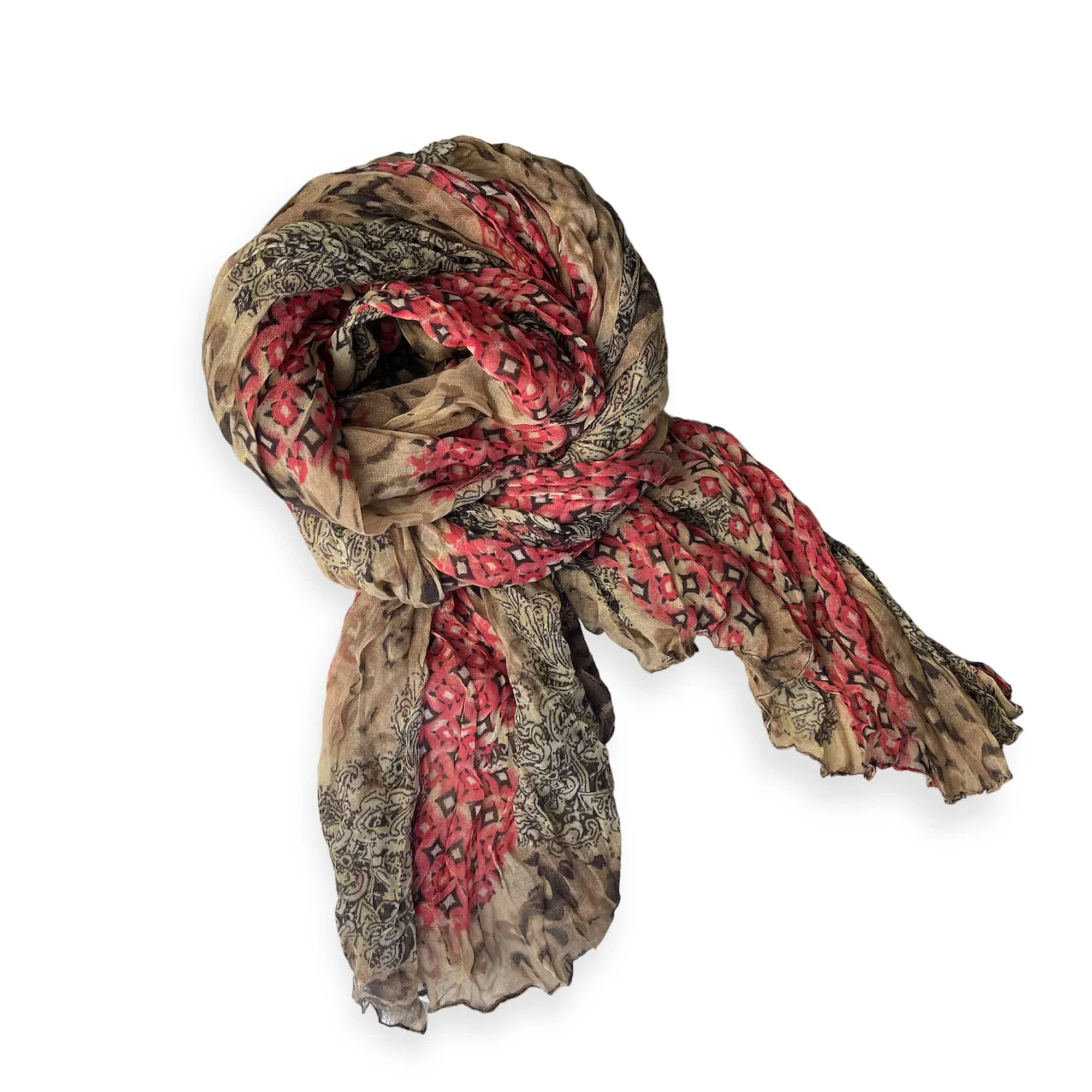 Crinkle Scarf - Camel Beige - Red Diamonds