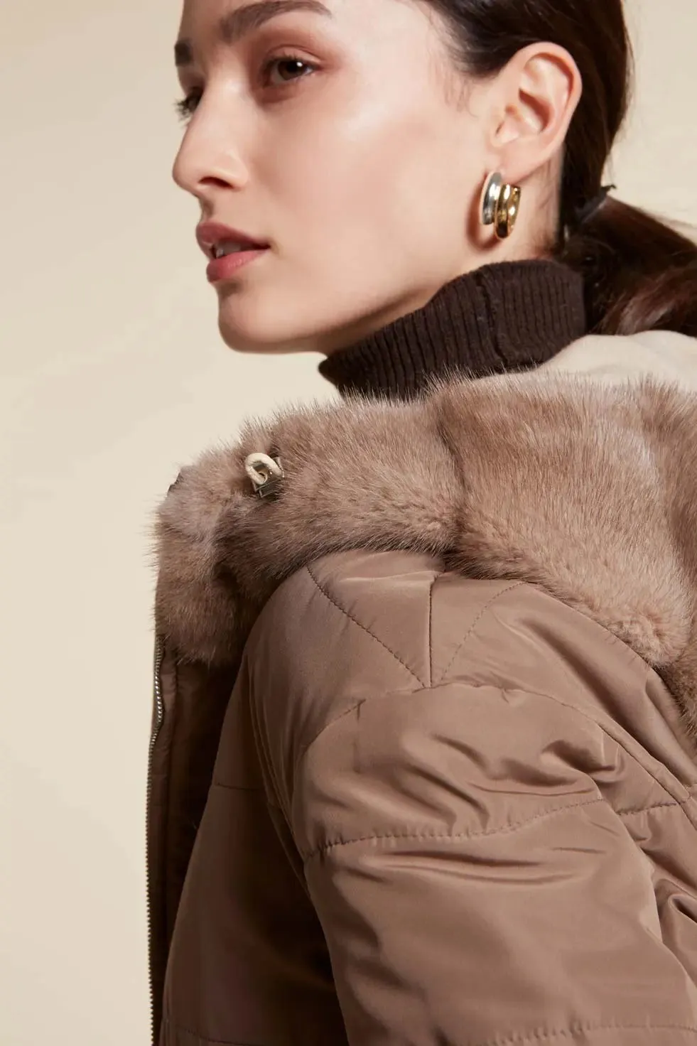 Cropped puffer jacket with fur hood