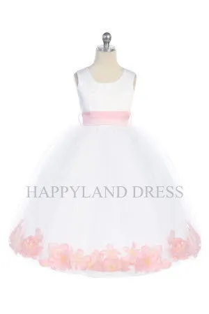 D2570 White Dress with Flower Petals and Sash (26 Diff. Colors)