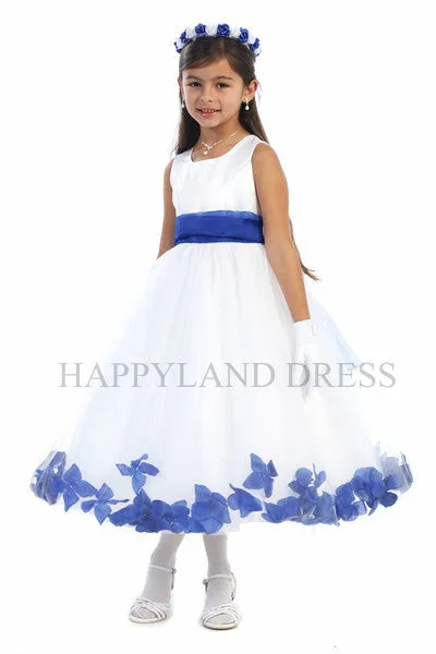 D2570 White Dress with Flower Petals and Sash (26 Diff. Colors)