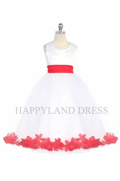 D2570 White Dress with Flower Petals and Sash (26 Diff. Colors)