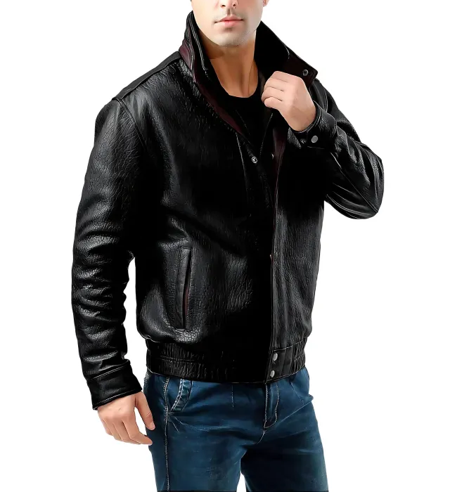 Dark Brown Double Collar Bomber Leather Jacket for Mens