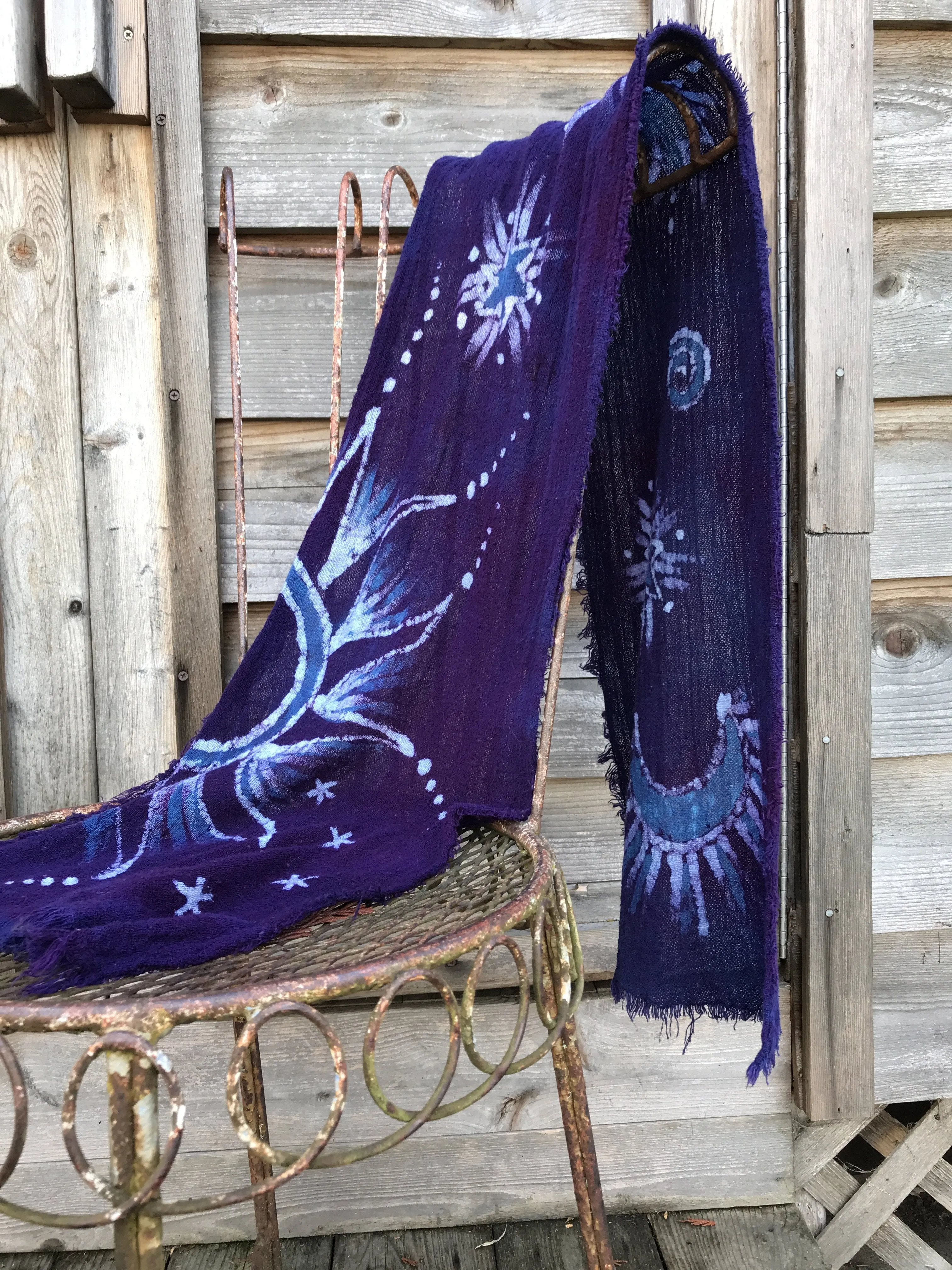 Deep Purple Sunrise Handmade Batik Scarf in Organic Cotton