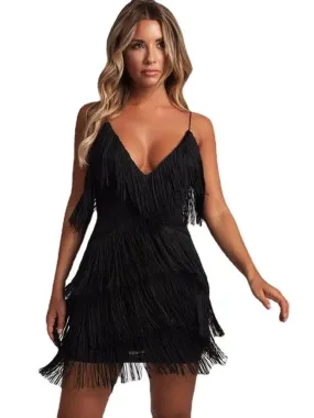 Deep V-Neck Fringe Bodycon Dress: Gatsby Latin Club Party Charm