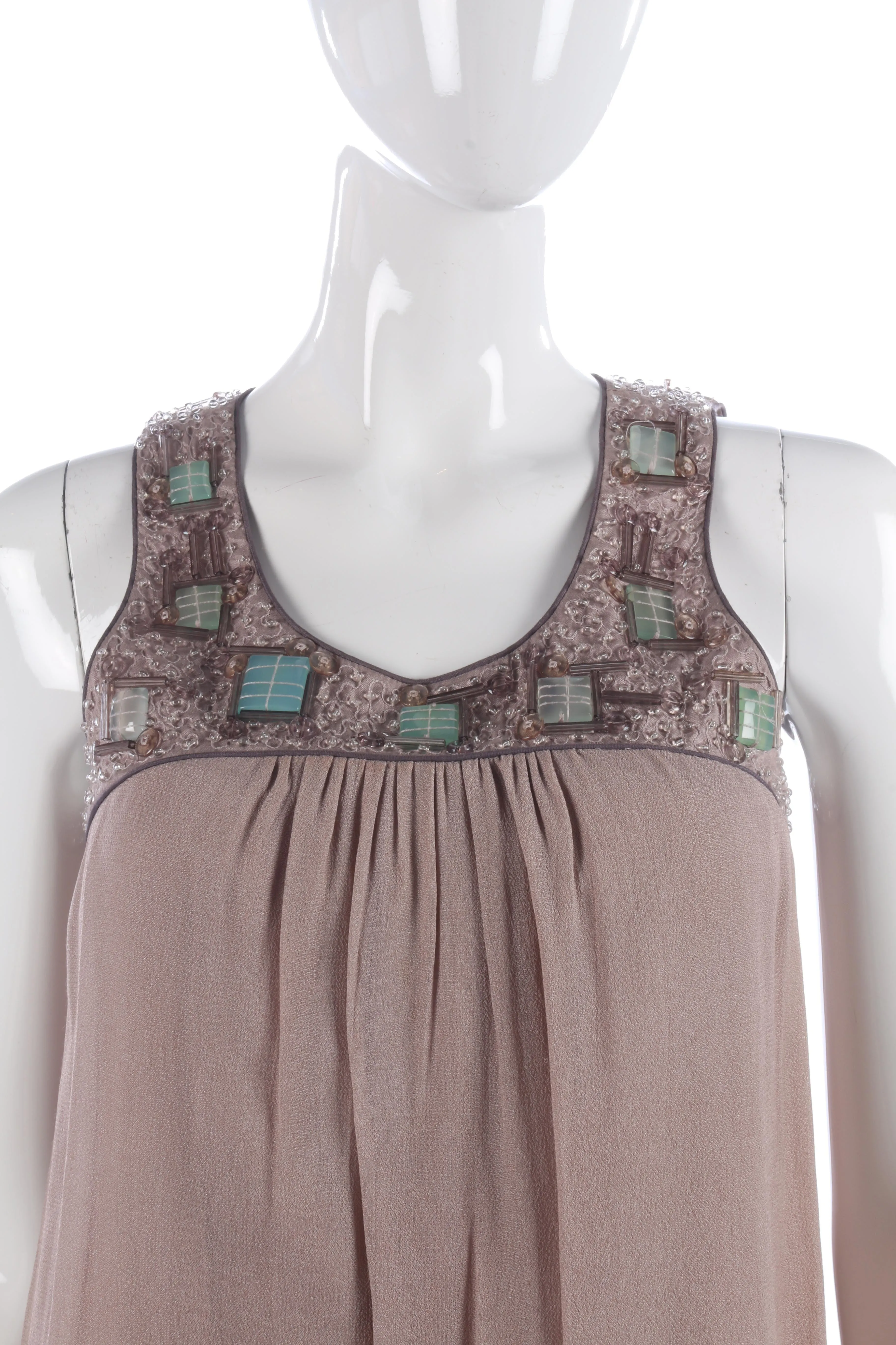 Designer silk taupe dress with beaded neckline by Blank London, size S