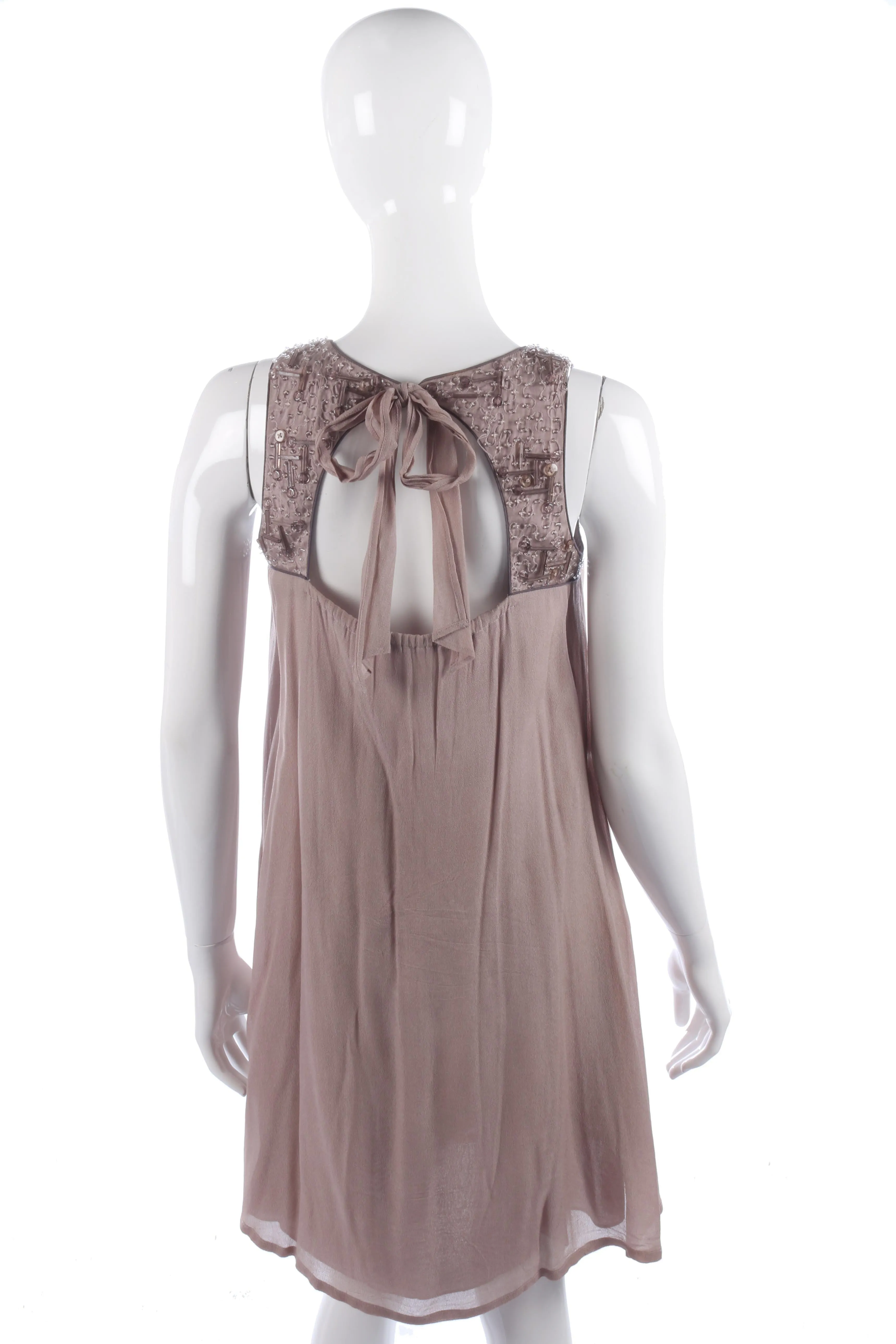 Designer silk taupe dress with beaded neckline by Blank London, size S