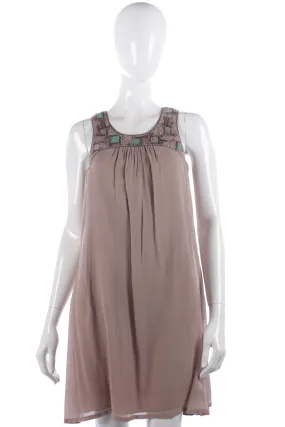 Designer silk taupe dress with beaded neckline by Blank London, size S