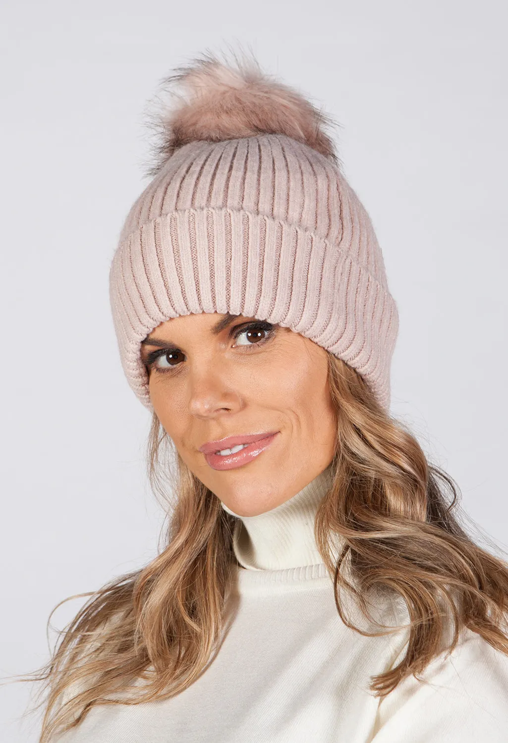 Dusty Pink Knit Hat with Pompom