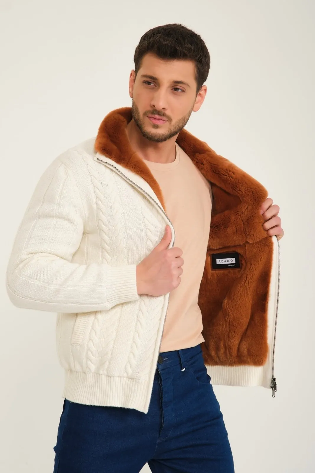 Ecru Wool & Rex Fur Knit Jacket