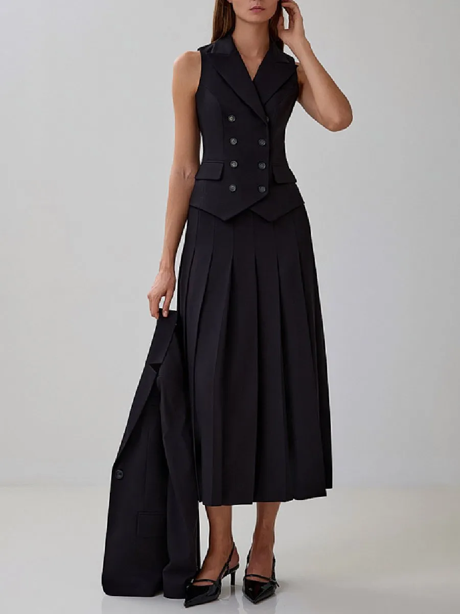 Elegant Sleeveless Vest Pleated Long Skirt Two-Piece Suit