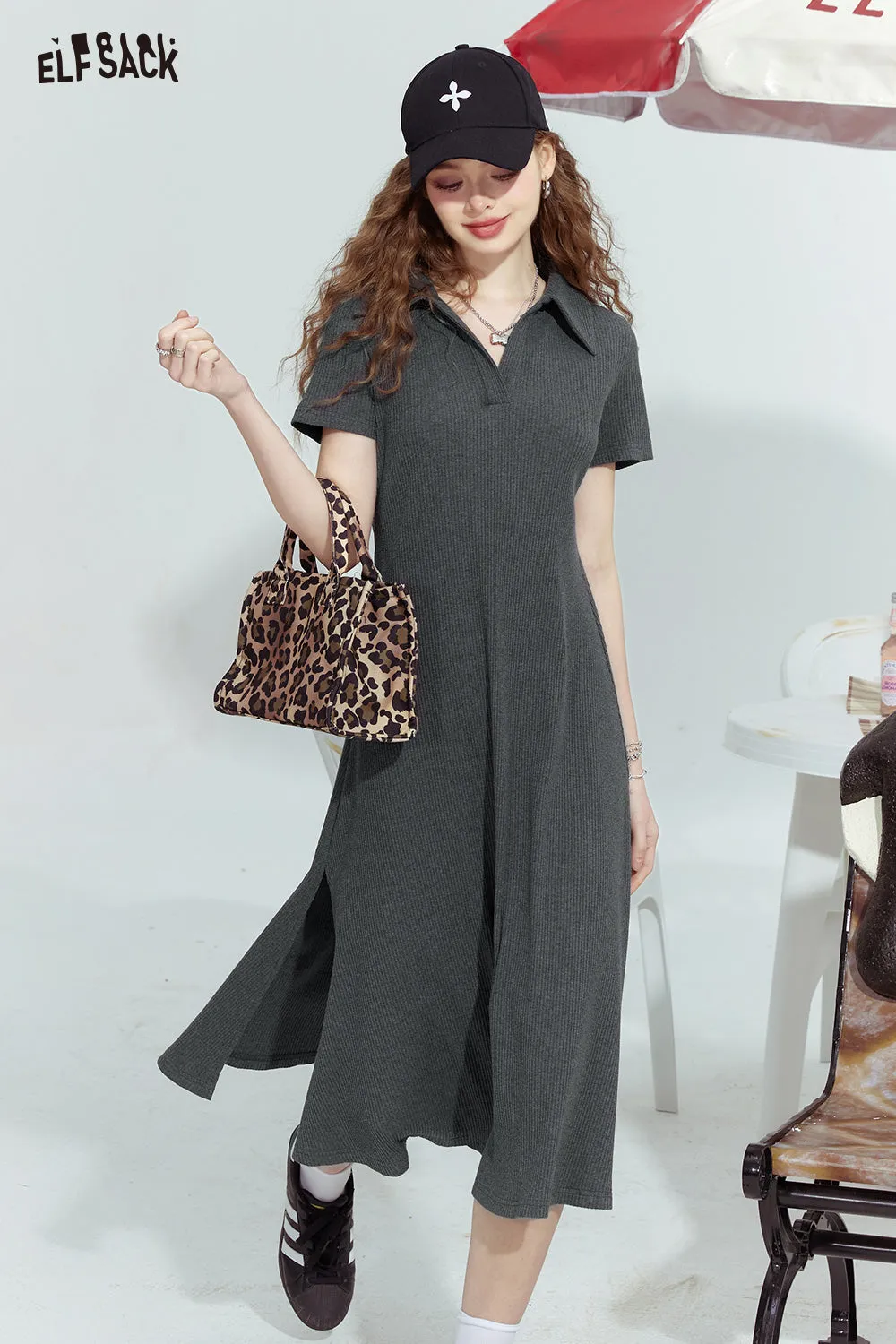 ELFSACK 2024 Summer New Polo collar T-shirt slim fit temperament monochrome dress for woman