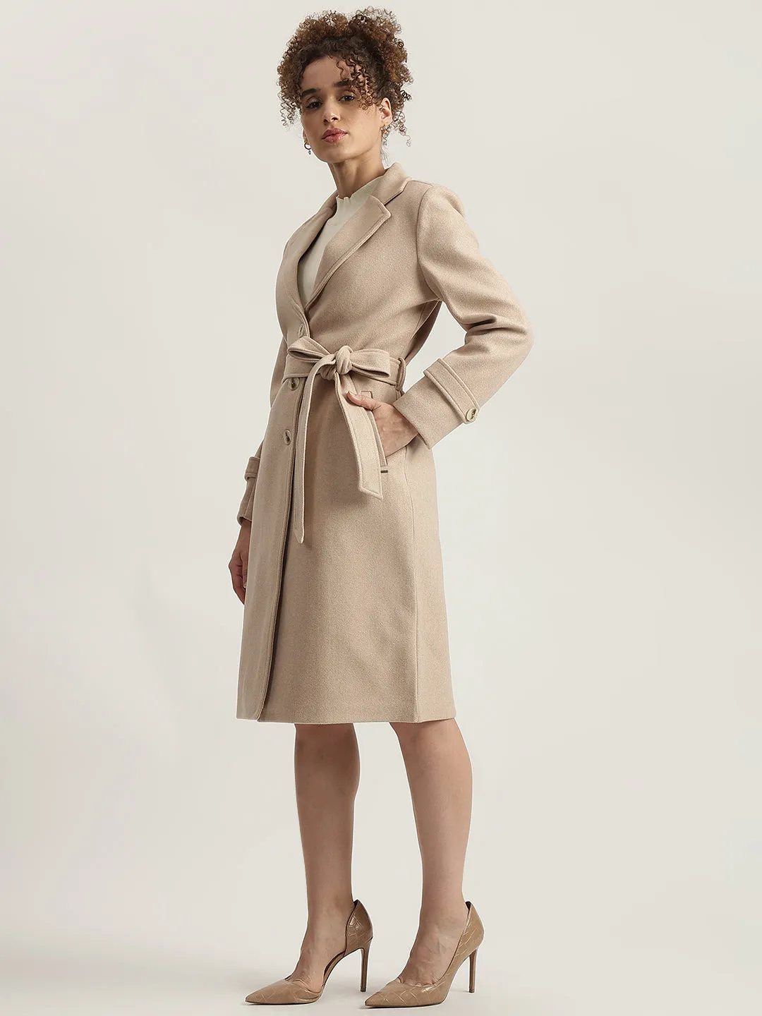 Elle Women Beige Solid Notched Collar Full Sleeves Overcoat