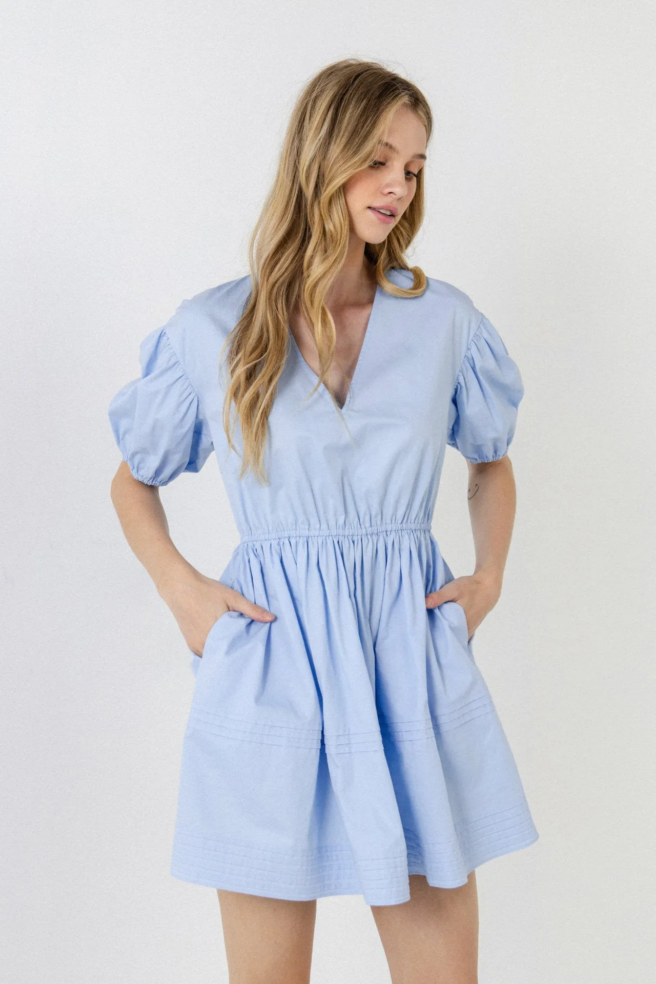 English Factory - Blouson Pleated Puff Sleeve Dress