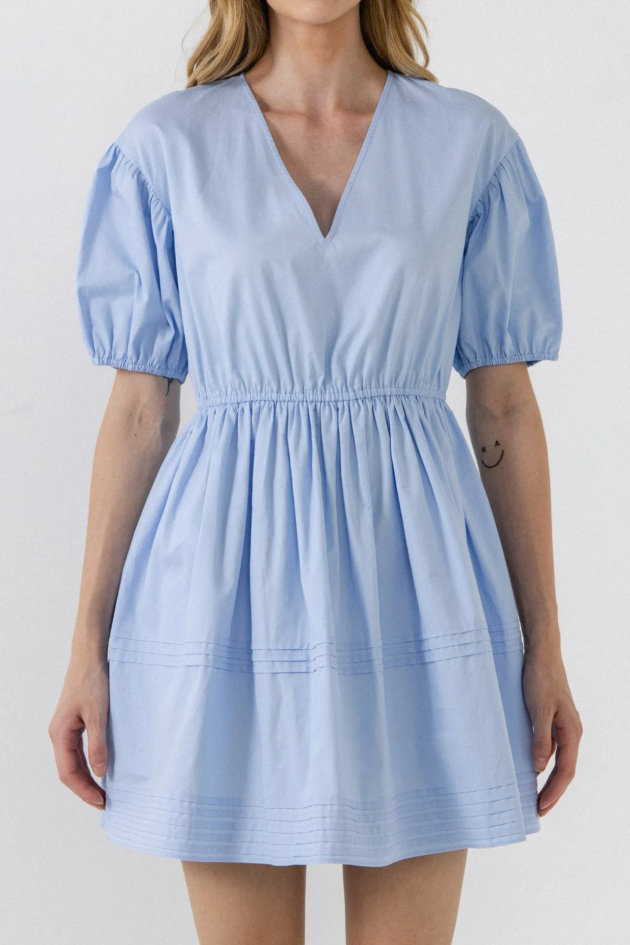 English Factory - Blouson Pleated Puff Sleeve Dress