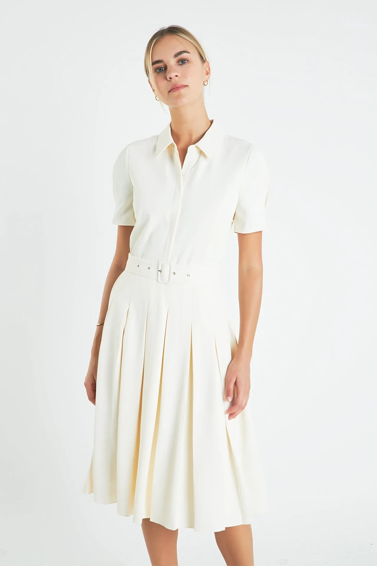 English Factory - Short-Sleeve Pleated Midi Dress