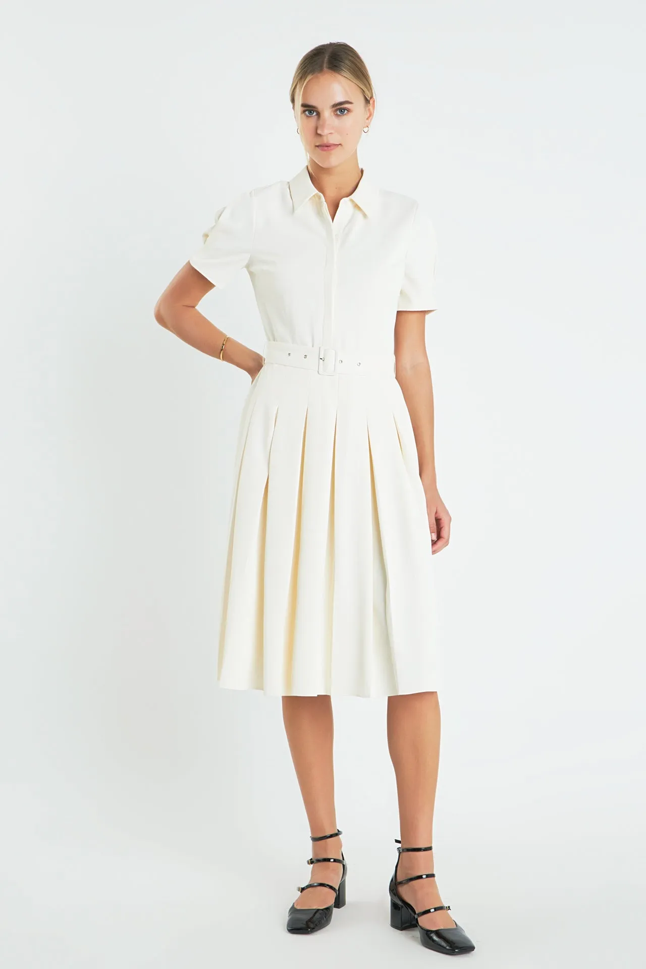 English Factory - Short-Sleeve Pleated Midi Dress