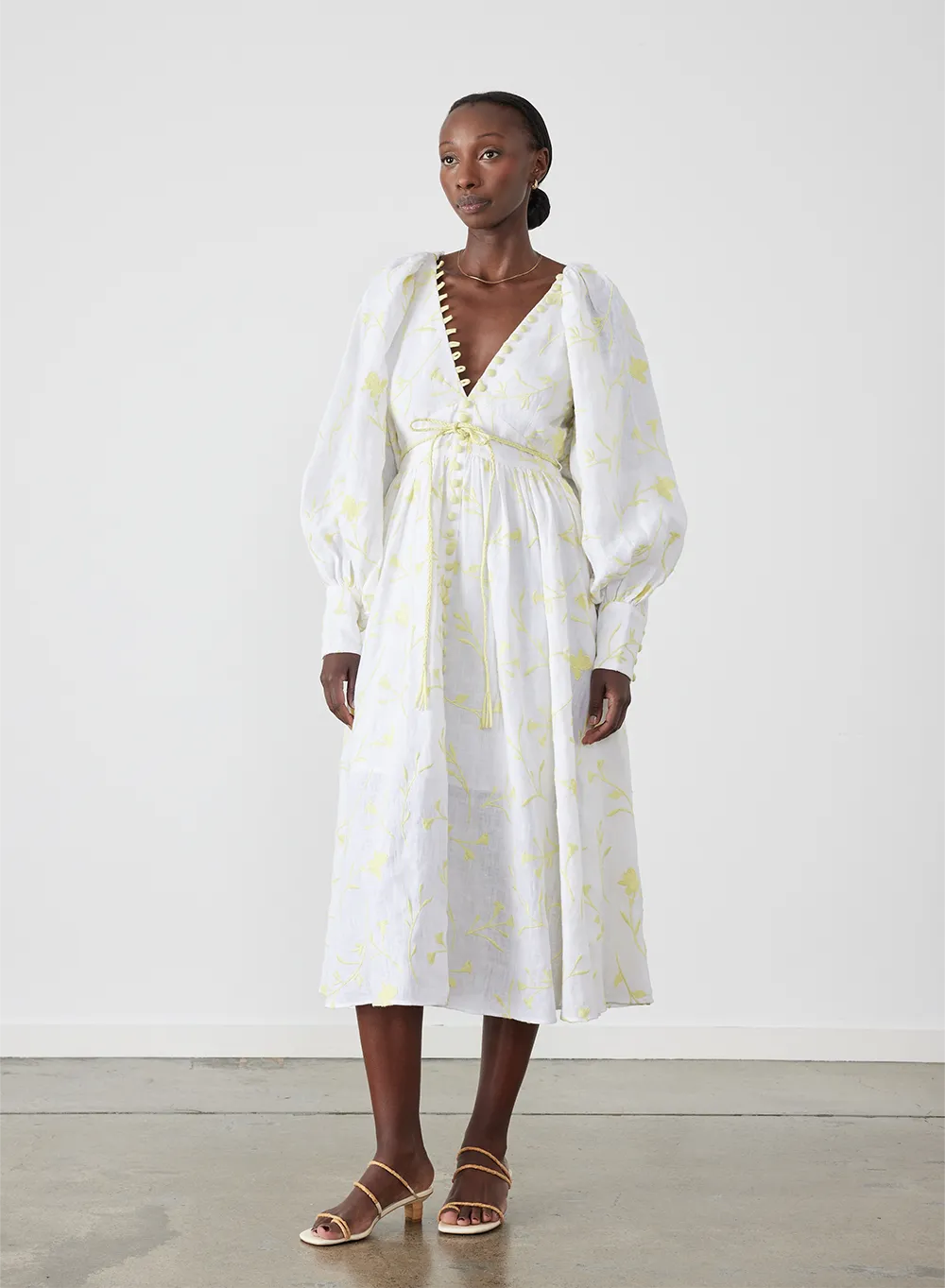 Enola Linen Embroidery Midi Dress