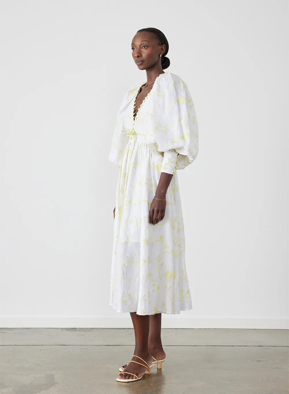 Enola Linen Embroidery Midi Dress