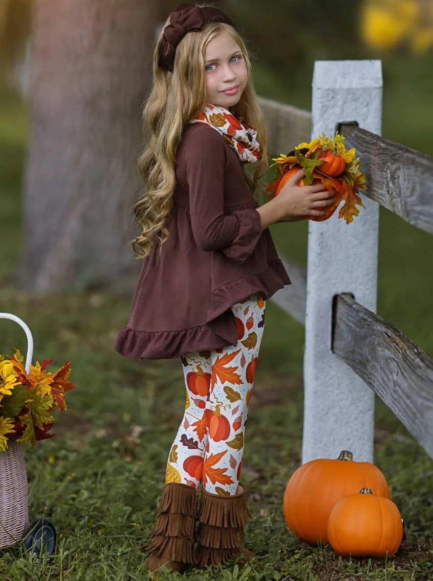 Falling Leaves Hi-Lo Ruffle Tunic, Leggings and Scarf Set