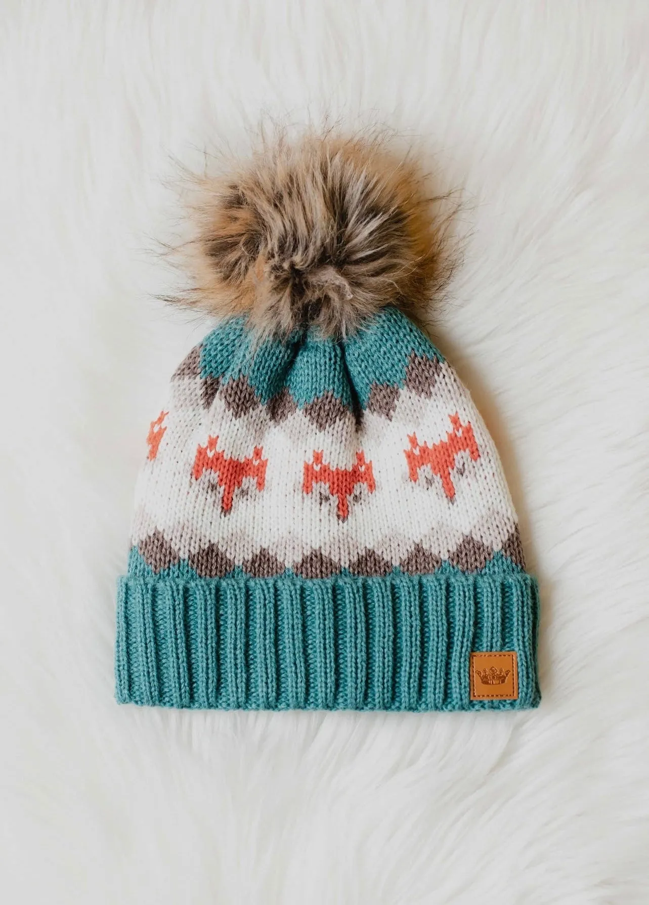 Fox Pattern Knit Hat with Faux Fur Pom