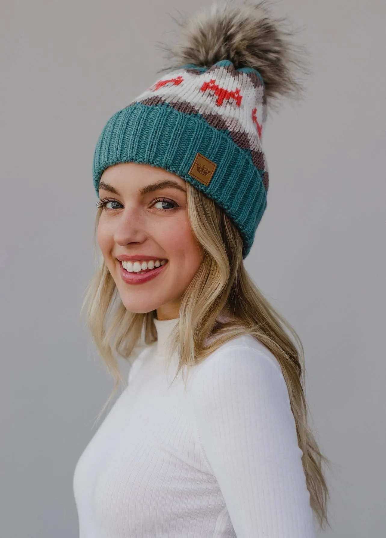 Fox Pattern Knit Hat with Faux Fur Pom