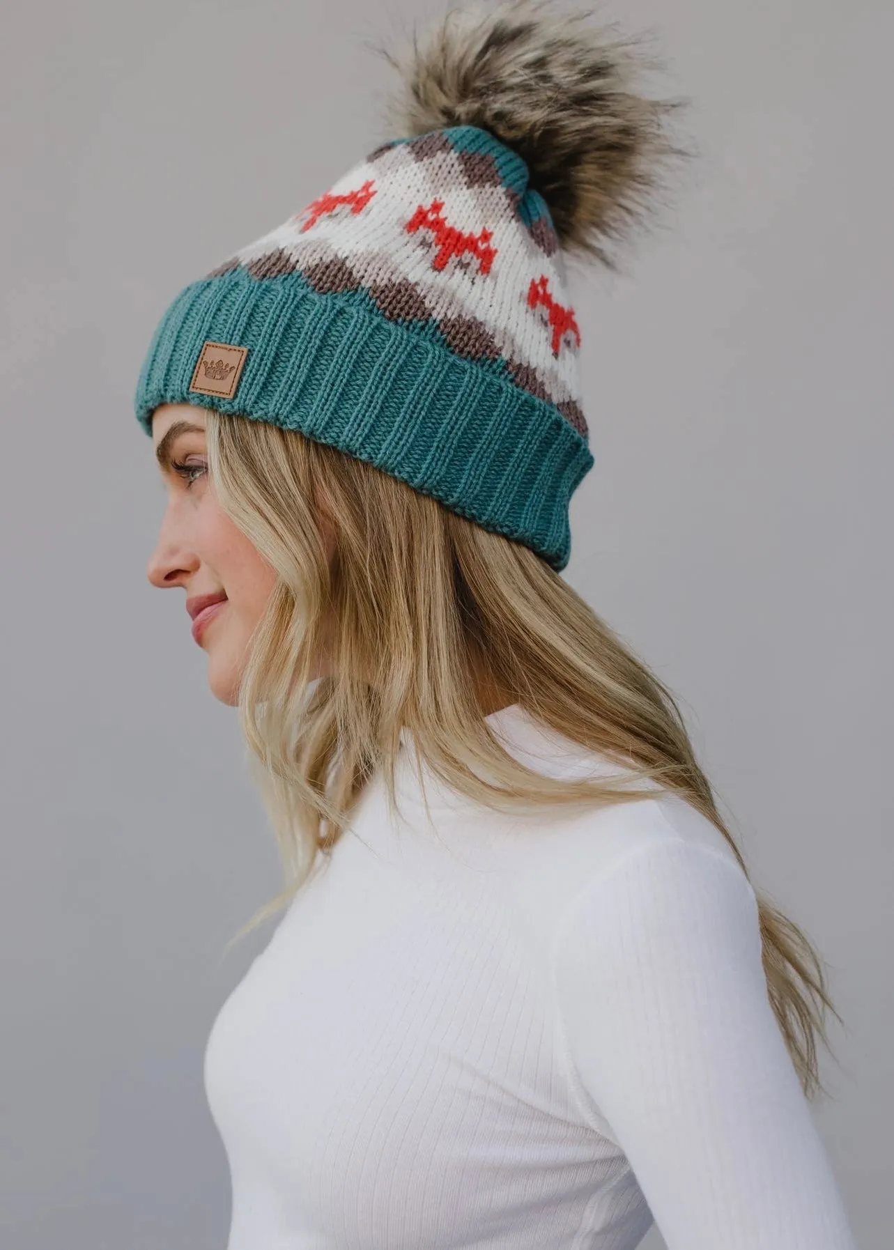 Fox Pattern Knit Hat with Faux Fur Pom