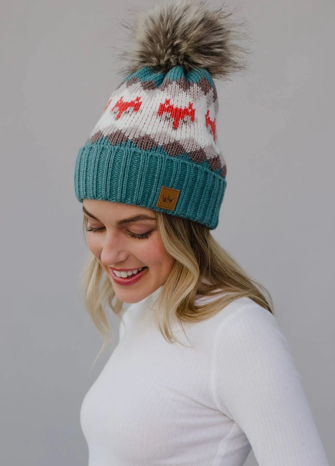 Fox Pattern Knit Hat with Faux Fur Pom