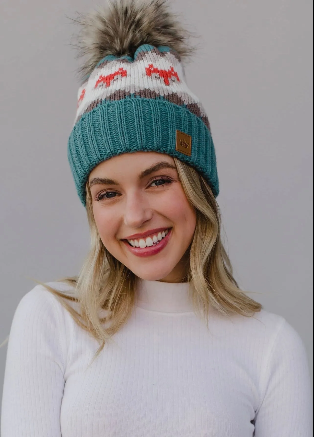 Fox Pattern Knit Hat with Faux Fur Pom