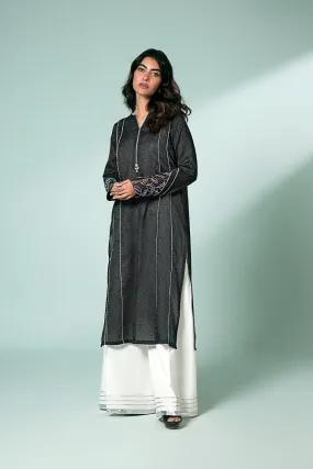 FOZIA KHALID  - Black Gotta Fusion Tunic - Black - Karandi - 1 Piece