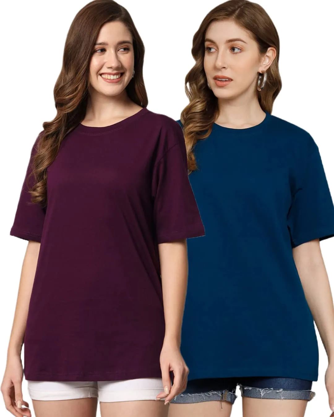 FUNDAY FASHION Cotton Short Sleeve Oversized T-Shirt for Women (Pack of 2) (X-Large, Wine & Petrol Blue)