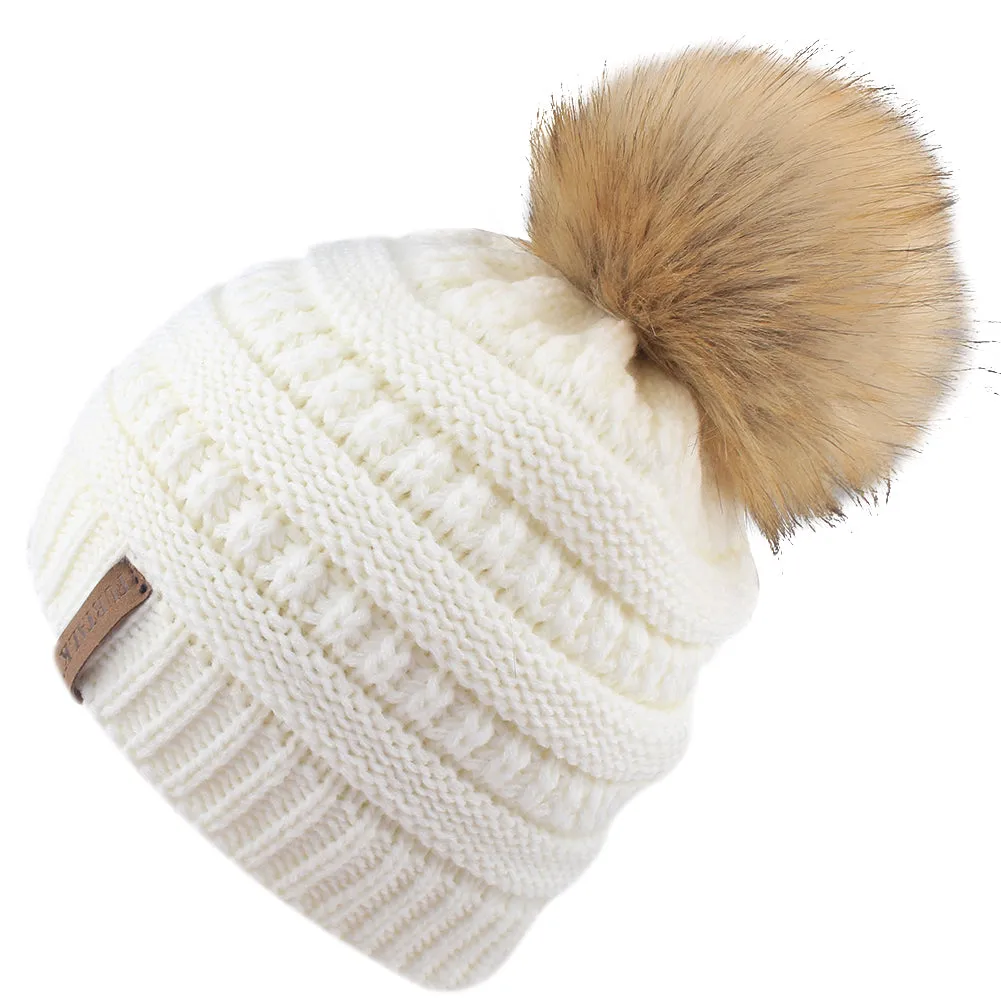 FURTALK Winter Kids Faux Fur Pom Pom Hat Double Layer Drop Shipping HTWL097