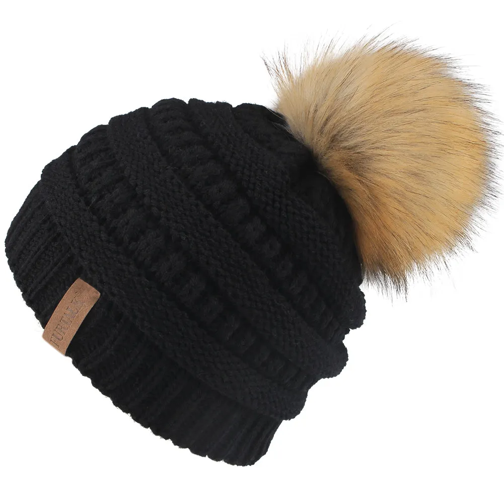 FURTALK Winter Kids Faux Fur Pom Pom Hat Double Layer Drop Shipping HTWL097