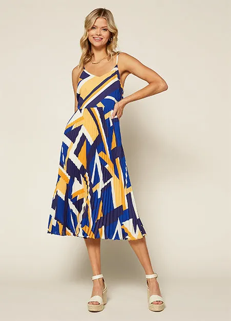 Geo Print Pleated Midi Dress