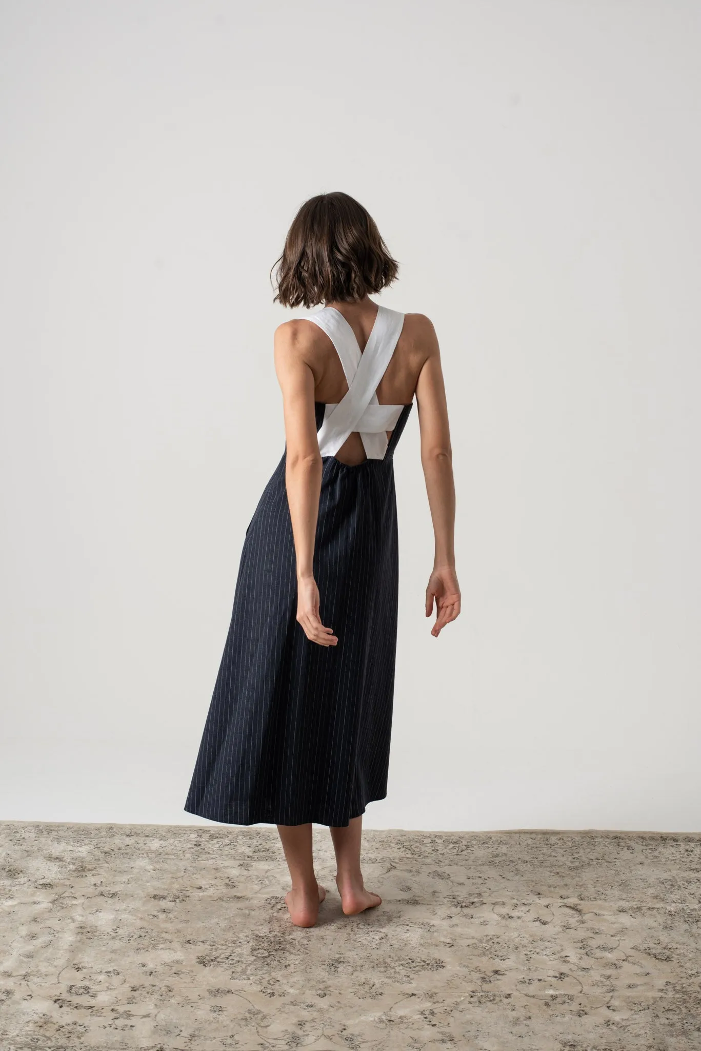 Gessato Linen Midi Dress Navy Pinstripe