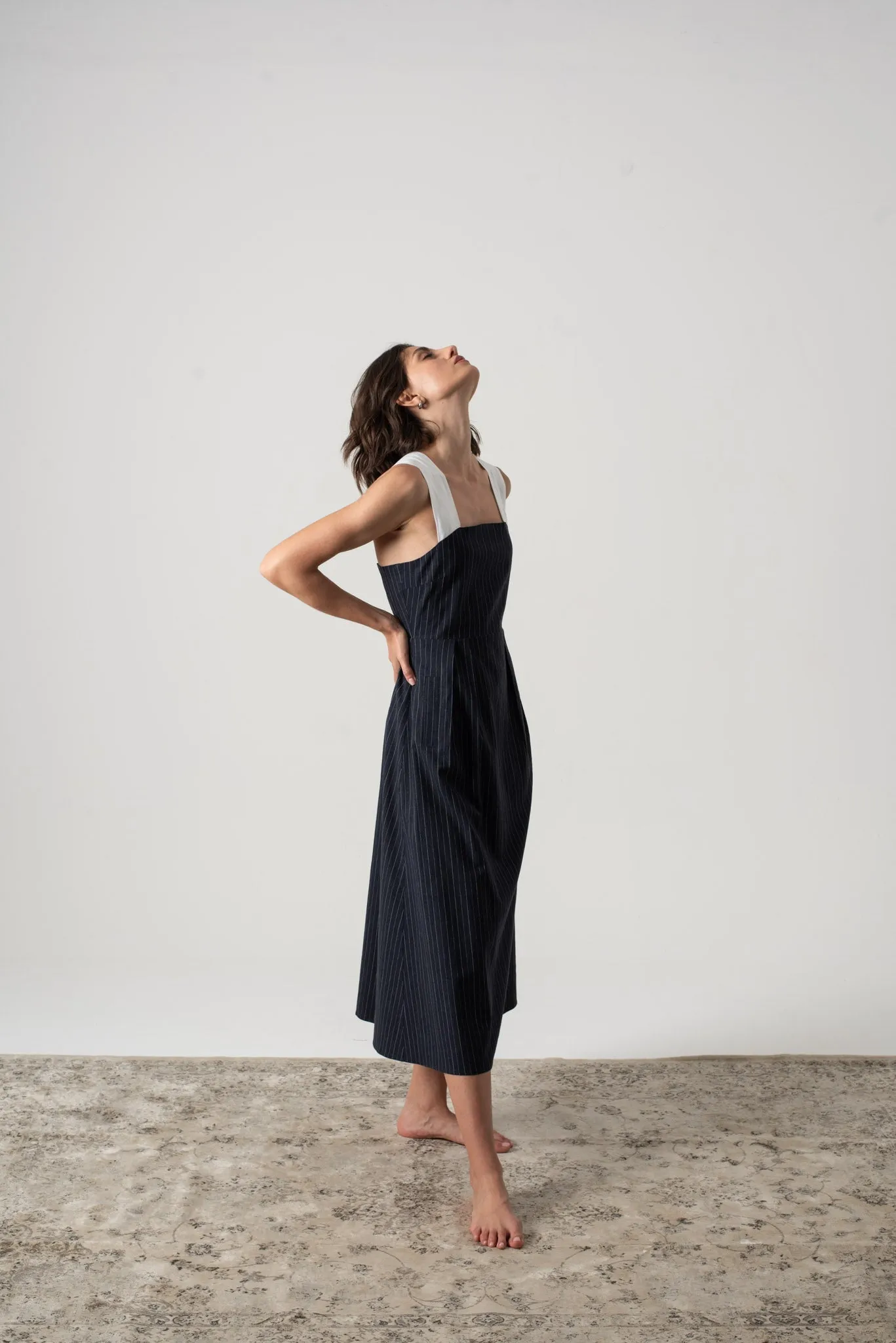 Gessato Linen Midi Dress Navy Pinstripe