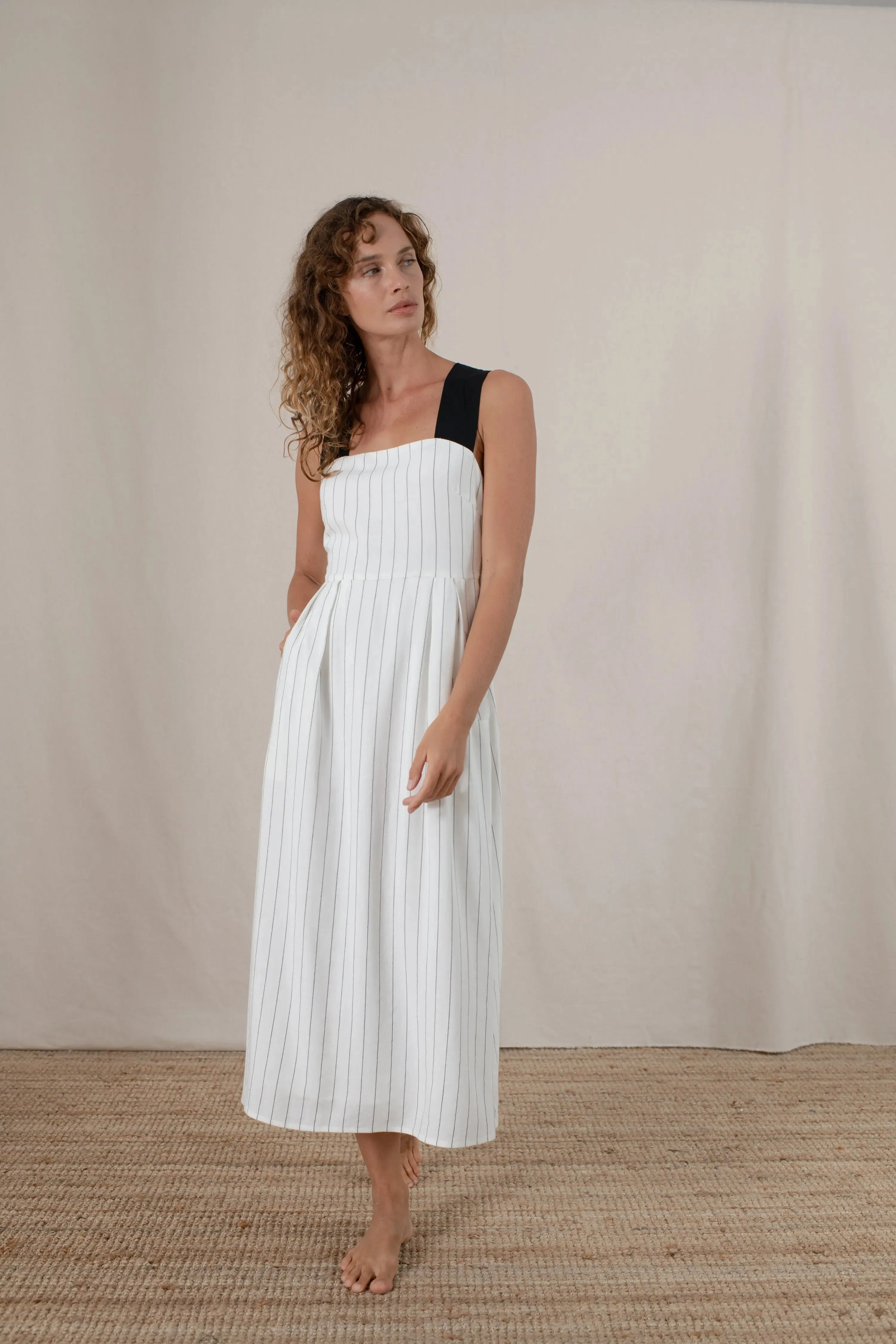 Gessato Linen Midi Dress White Pinstripe