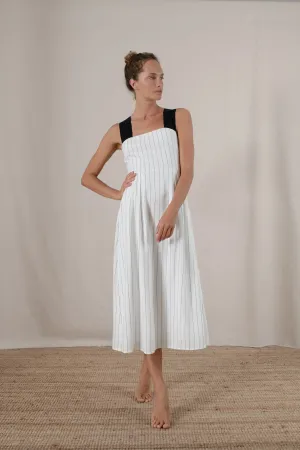 Gessato Linen Midi Dress White Pinstripe