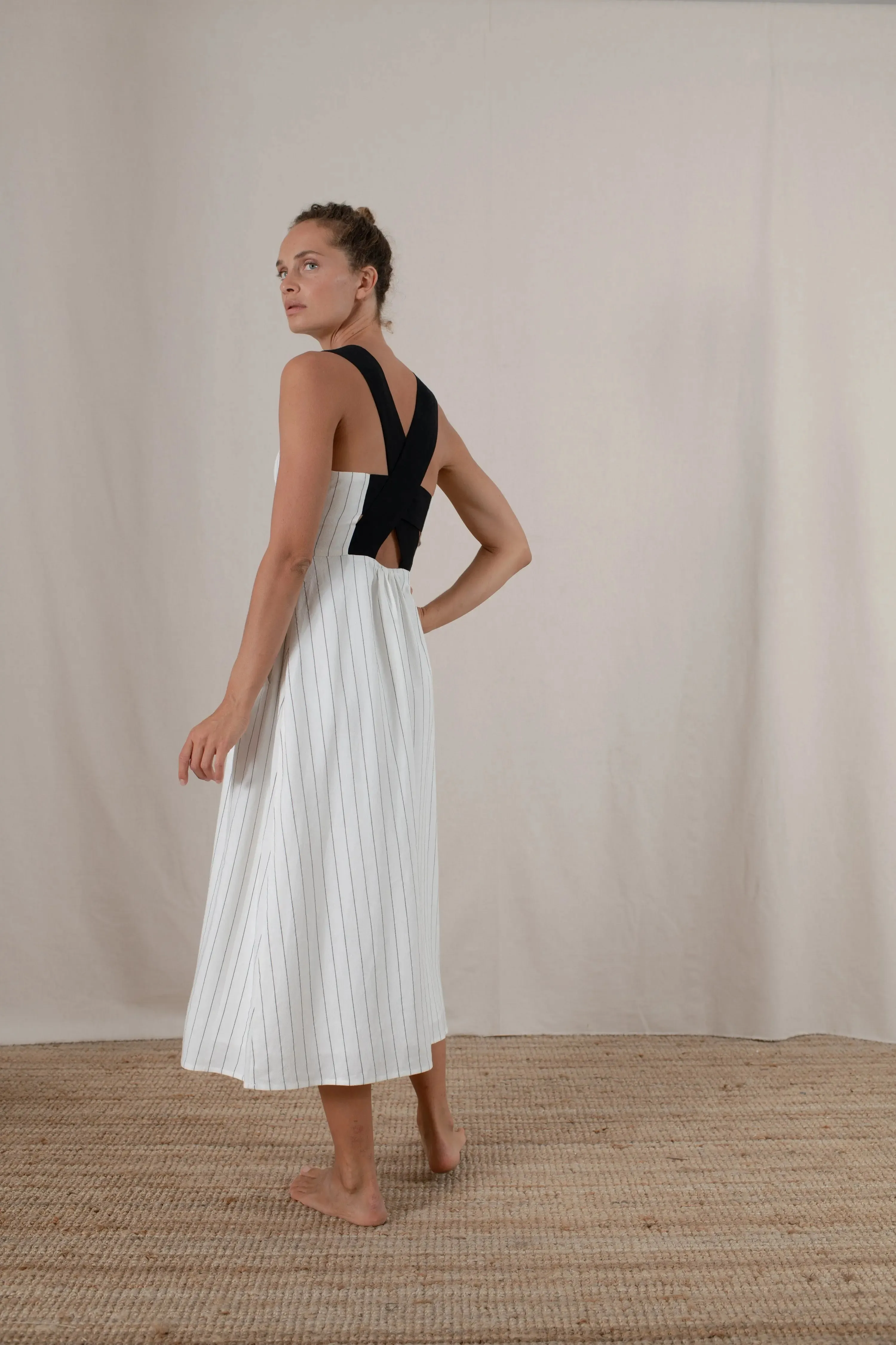 Gessato Linen Midi Dress White Pinstripe