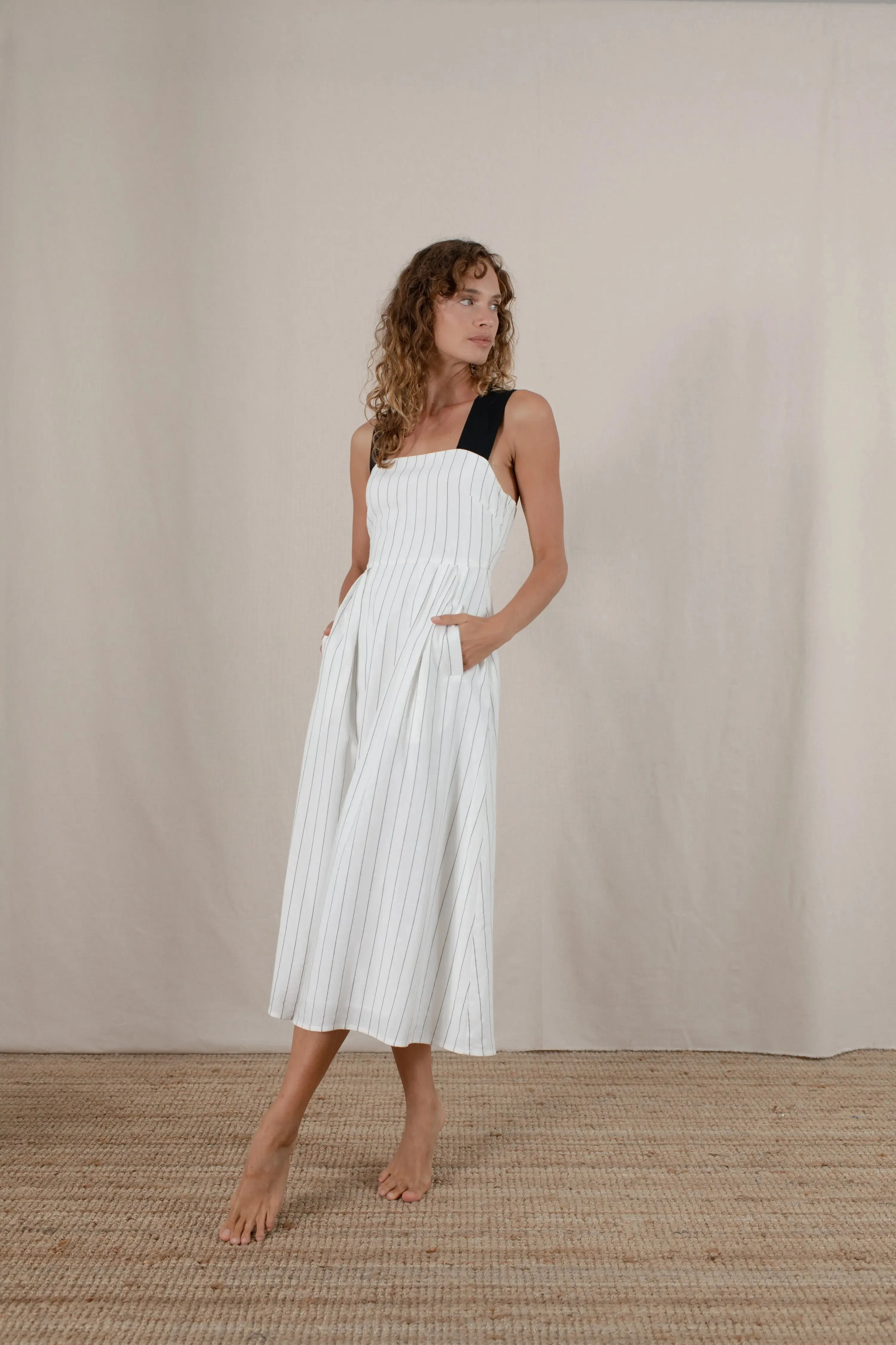 Gessato Linen Midi Dress White Pinstripe